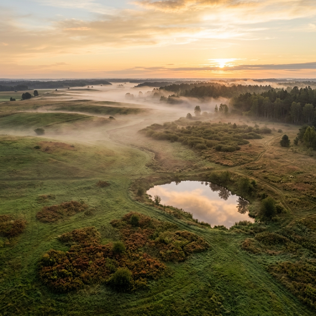 Rudavia — Meadows and pond in the morning mist